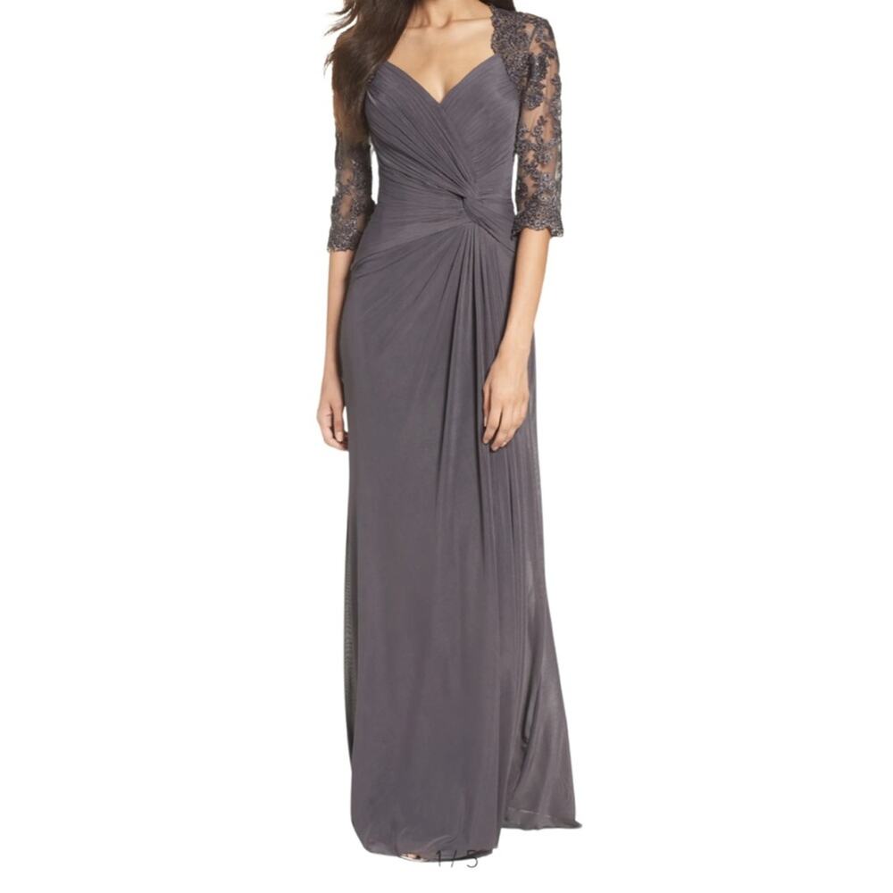 Le Femme Ruched Twist Column Gown- Gunmetal Size 16